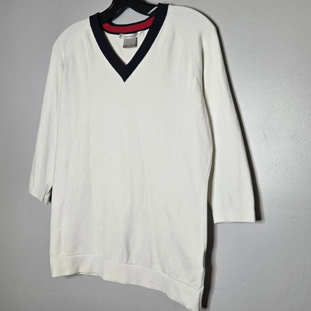 Nike Golf Sweater Y2K Womens Medium White V-Neck 3/4 Sleeve Knit Navy Red Trim